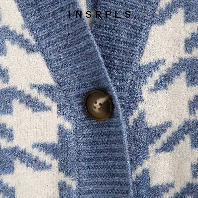 

INSPRLS Women Fashion Oversized Houndstooth Knitted Cardigan Sweater Vintage V Neck Long Sleeve Female Outerwear Chic Tops