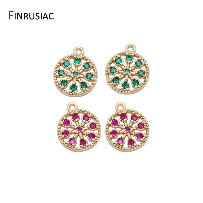 

DIY Jewelry Supplies 14k gold-plated copper inlaid purple /green zircon round Flower Pendant For Charms Earrings Jewelry Making