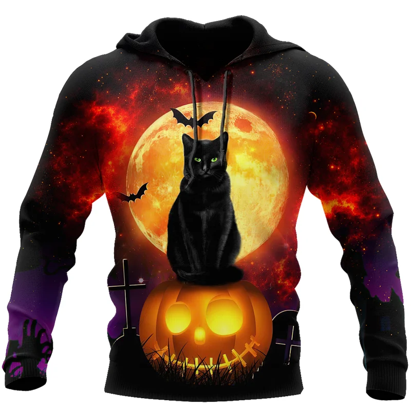 

Fashionable Halloween black cat pumpkin lantern 3D printing autumn hoodie unisex casual zipper hoodie street unisex sweatshirt