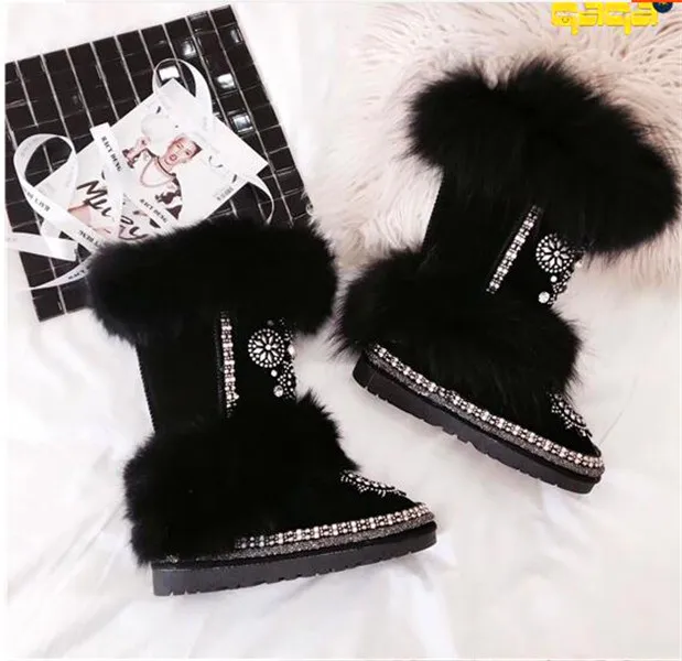 Зимние ботинки из кожи и вельвета с толстым лисьим мехом женские ручной работы