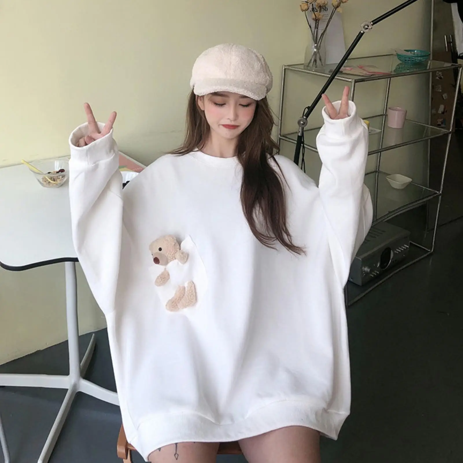 

Women Autumn Long Sleeve Pocket Cute Bear Blouse Top O Neck Oversized Sweatshirt