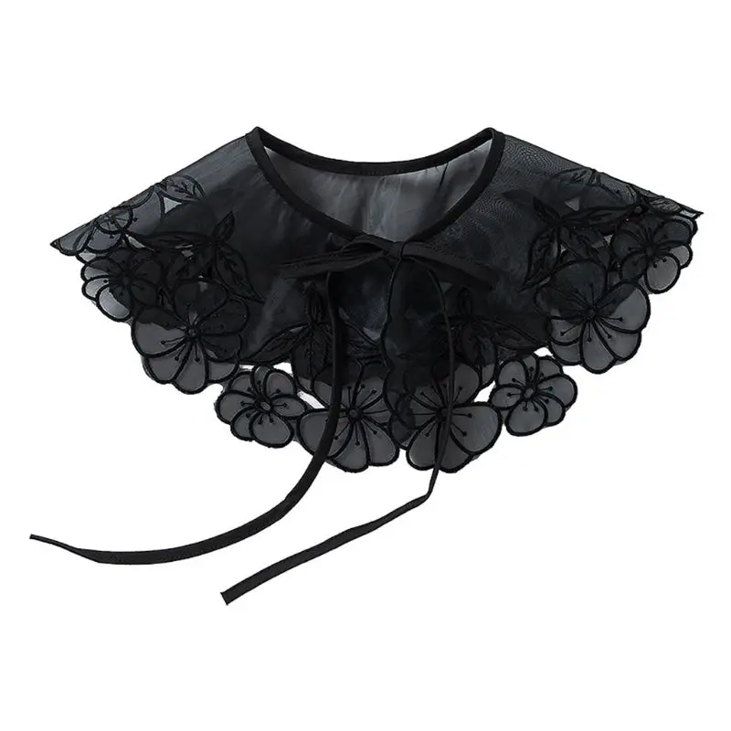 

European Style Women Girls Chiffon Lace Fake False Collar Decorative Double Layer Floral Embroidery Choker Blouse Shawl