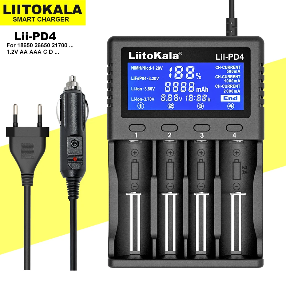 

Зарядное устройство LiitoKala Lii-100, 202, 402, PD4 LCD, для батарей 3,7 В, AA/AAA, 18650, 18350, 26650, 20700, 17355, NiMh, литиевых, батарей для электронных сигарет