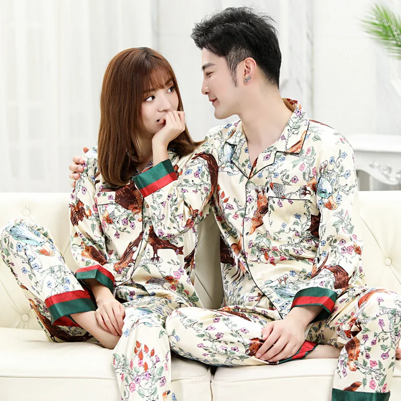 Lovers Printed Stain Pajama Sets Silk-like Long Sleeve Top and Pants Elegant Loungewear Women and Men Nightwear Unisex Homewear