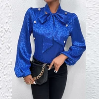 women tops elegant pattern printing office lady blouse 2021 spring v neck lace up bow autumn long sleeve casual shirts pullover