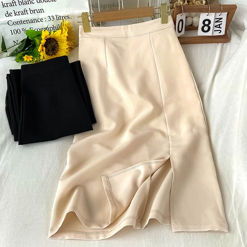 

Женская юбка с черным разрезом, летняя трапециевидная юбка-футляр средней длины с завышенной талией, облегающий костюм с асимметричной юбк...