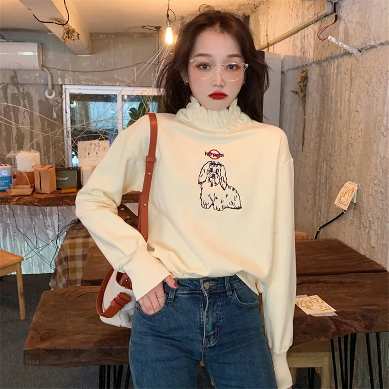 

Real Shot Autumn Winter Sweater Women's Embroidered Pleated Stand Collar Half Height.Kio