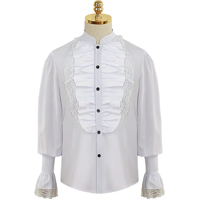 

Рубашка мужская с воротником-стойкой, белая хлопковая Готическая блуза с оборками, топ в средневековом викторианском стиле, модная Ретро одежда