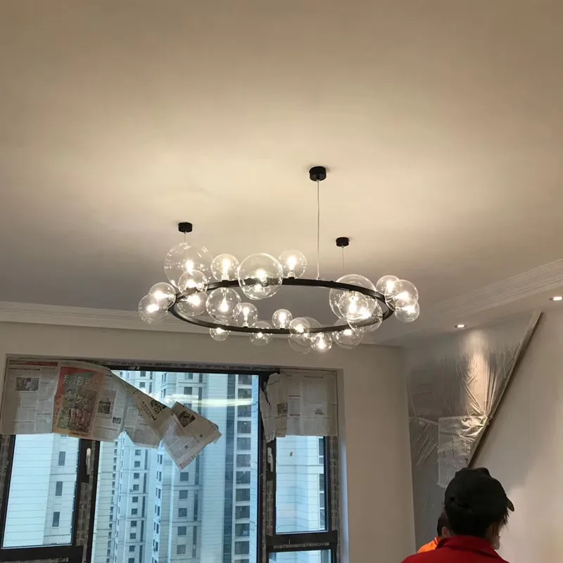 

Modern Transparent Glass Ball Bubble LED Chandelier Nordic Black Single Circle Round Hanging Lamp Study Dining Room Chandelier