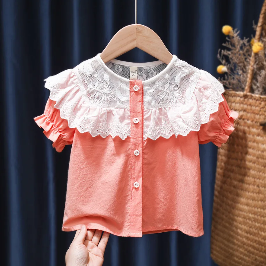 

Cute Girls Summer Lace Shirt Children Cotton Clothes Baby Short Sleeve Tops Tees Blouse Doll Collar Toddler Infant Shirts 1-6Y