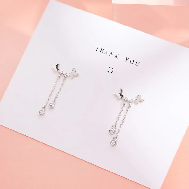 

925 Sterling Silver Tassel Butterfly Piercing Stud Earrings For Women Wedding Statement Jewelry Pendientes eh1252