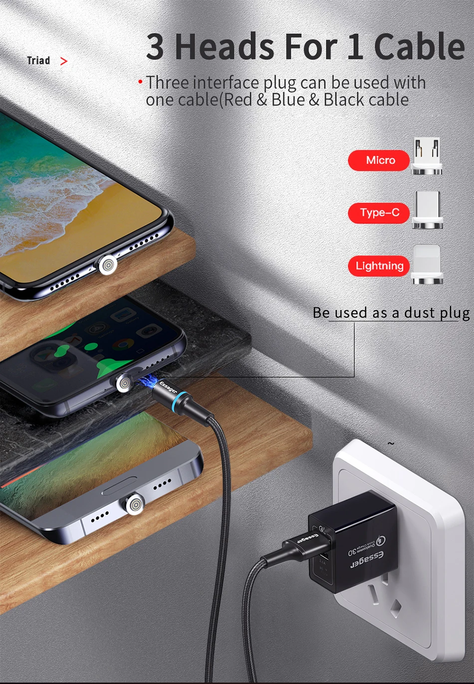 Магнитное зарядное устройство Essager Micro USB кабель для iPhone samsung Android Быстрая зарядка usb type C кабель 3 м type-C шнур Магнитный адаптер