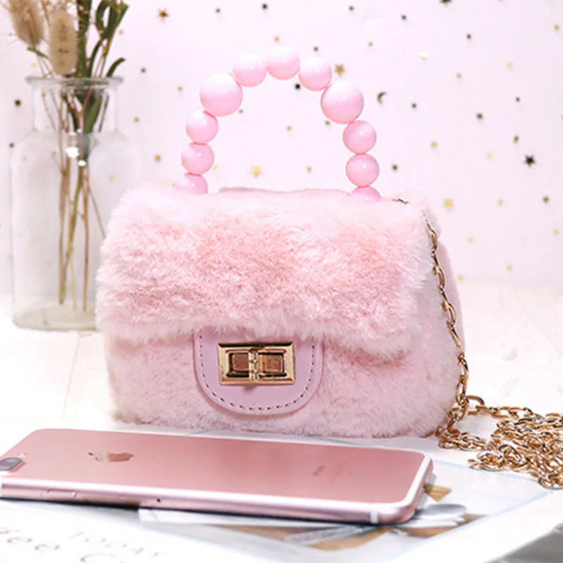 2021 Mini Kids Crossbady bag Rabbitr Fur Pearl PortablePopular Winter Children's Bag  Kid Evening Party Purse Shoulder Handbag