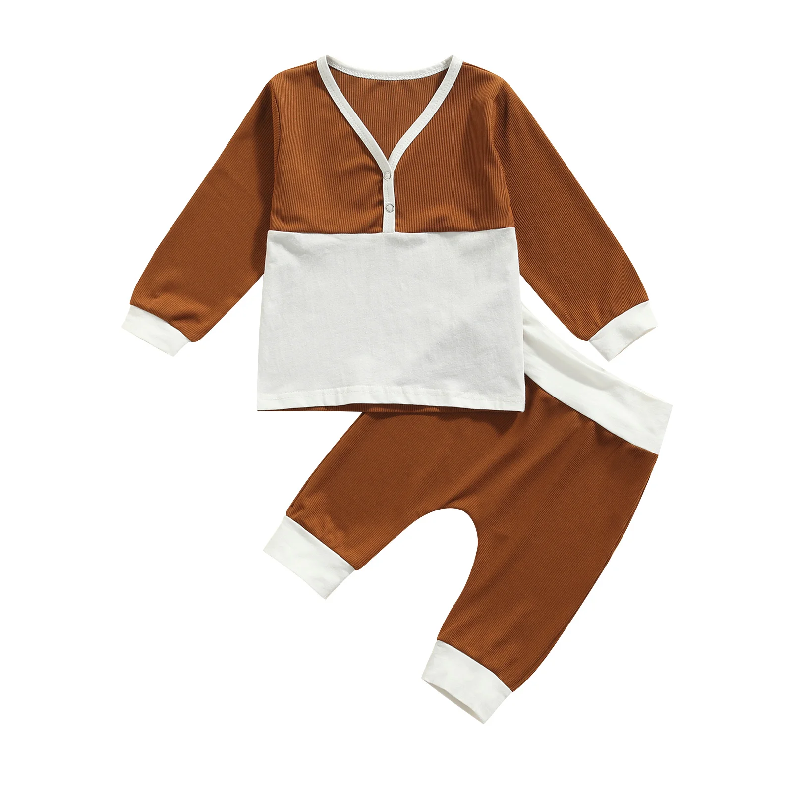 

Комплект для маленьких мальчиков из 2 предметов, двухцветный комплект из топа с длинным рукавом и V-образным вырезом и длинных брюк для отдых...