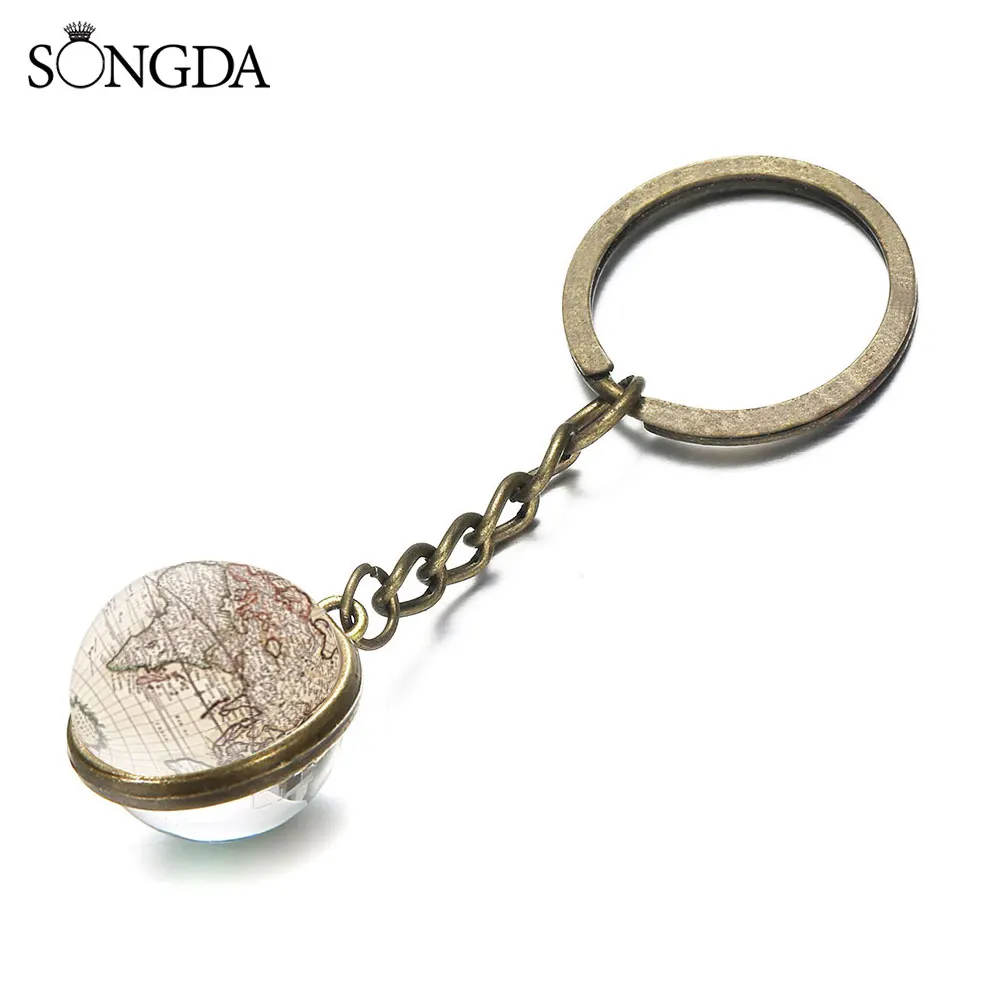 

Vintage World Map Keychain Globe Earth Pendant Key Chain Americas Europe Australia Map Double Sided Glass Ball Creative Gift