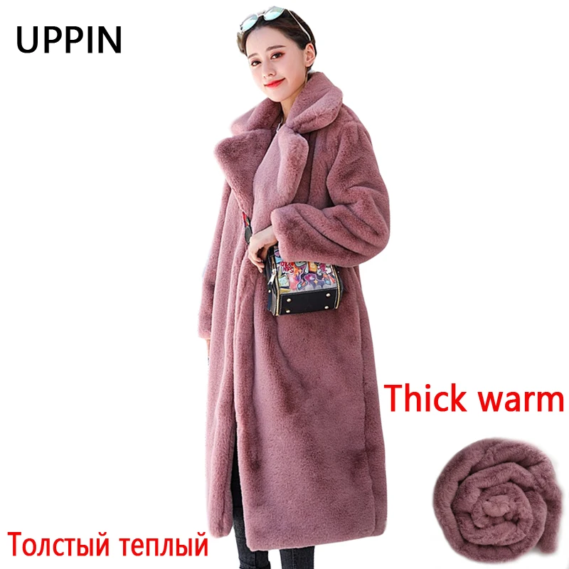 

Winter Women High Quality Faux Rabbit Fur Coat Luxury Long Fur Coat Loose Lapel OverCoat Thick Warm Plus Size Female Plush Coats