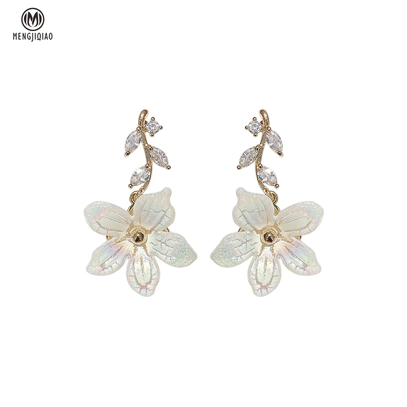 

MENGJIQIAO Korean Japan Fashion Acrylic Shell Flower Drop Earrings For Women Girls Elegant Zircon Leaf Pendientes Jewelry Gifts