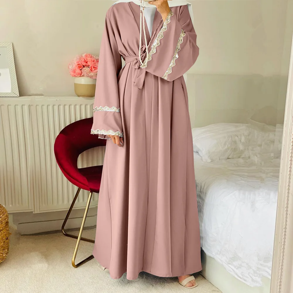 Мусульманская Мода Женский Повседневный Кардиган с соединением кружева Макси юбка abayas для женщин платье Abaya Дубай Американская Одежда Caftan