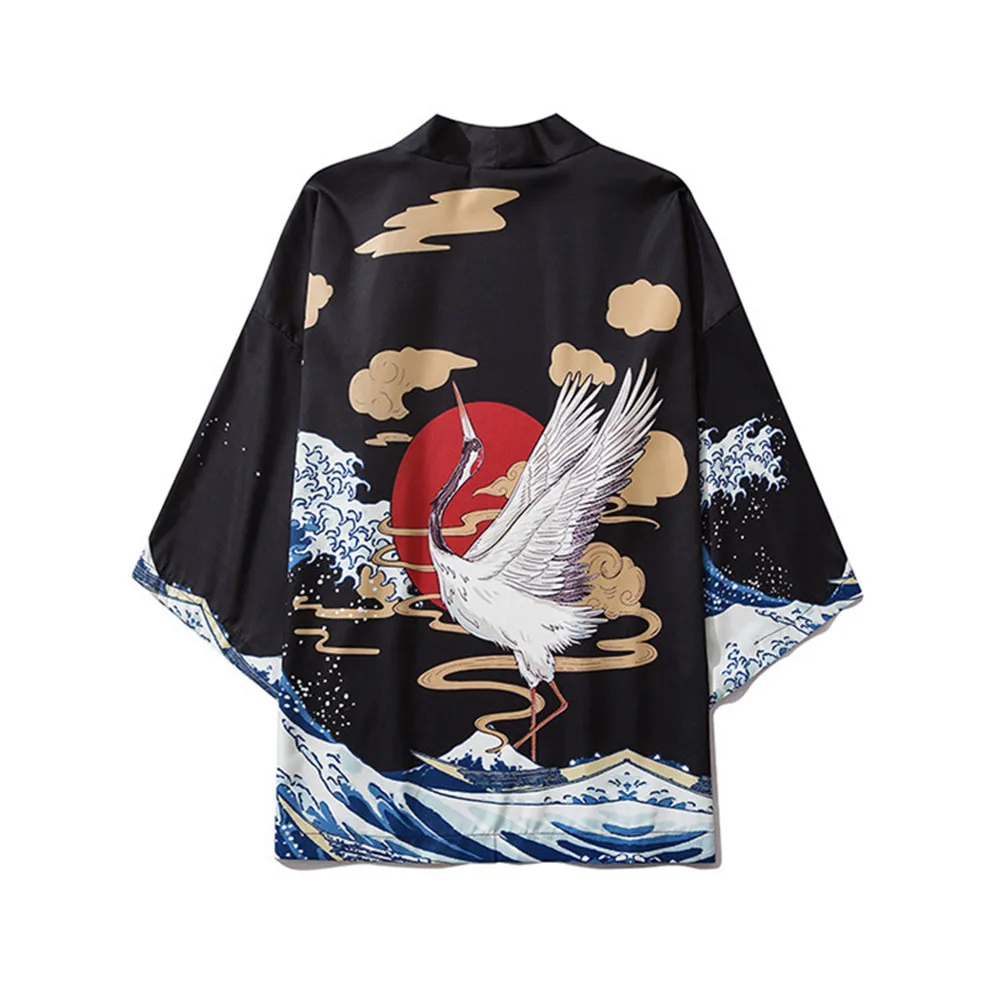 Кимоно для мужчин и женщин японская Модная рубашка с принтом журавлей хаори Оби