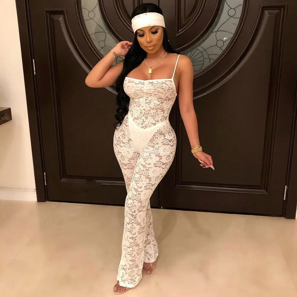 

Lace Jumpsuit Summer Women 2020 Fashion See-through Hollow Out Sleeveless Strap Stretch Jumpsuits Night Club Wear