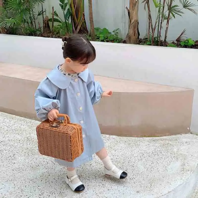

Girls Teens Autumn New Peter Pan Collar Single Breasted Lantern Sleeve Long Trench Coats Children Kids Casual Outerwear Jackets