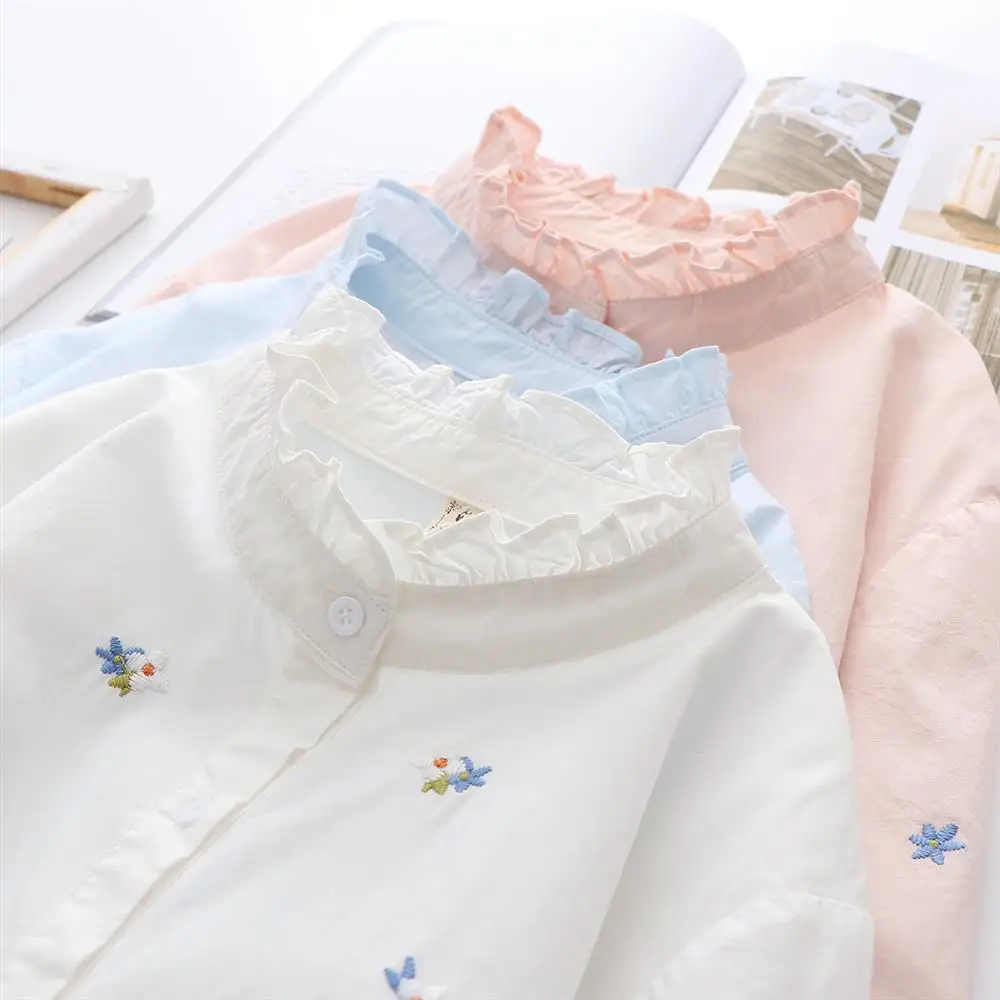 

2021 Autumn Women's Shirt Floral Embroidery Long-Sleeve Blouse Female Loose Casual Office Tops Elegant Ladies Cotton Shirts Q574