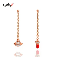 leeker sexy red lipstick lips long earrings rose gold color wedding party earrings for women asymmetrical jewelry 254 lk2