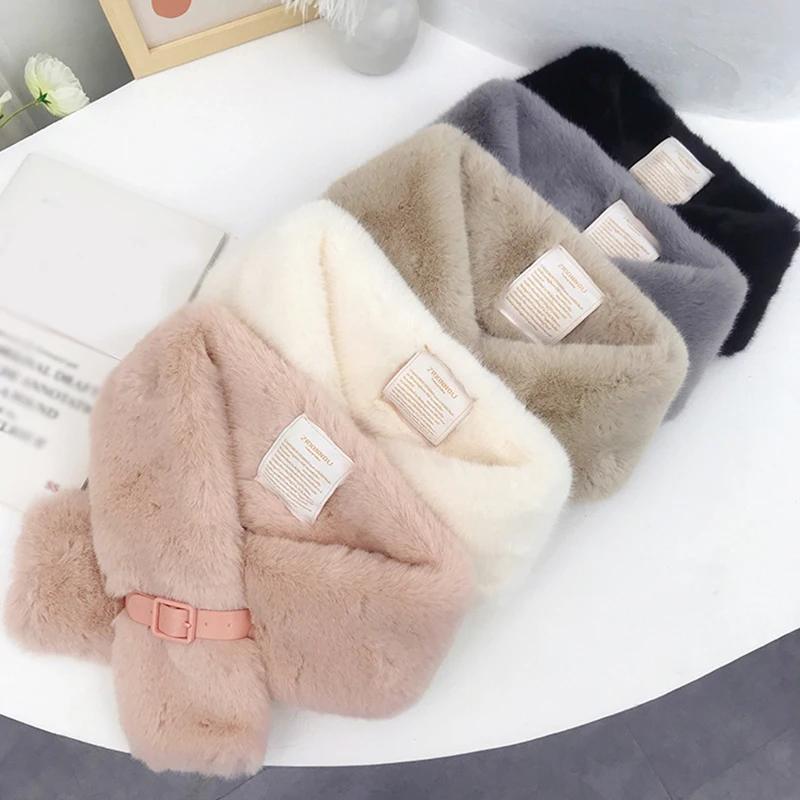 

Women Winter Warm Scarf Fashion Thicken Faux Fur Fur Scarf Solid Color Soft Neck Warmer Shawl Plush Scarfs Buckle Cross Scarves