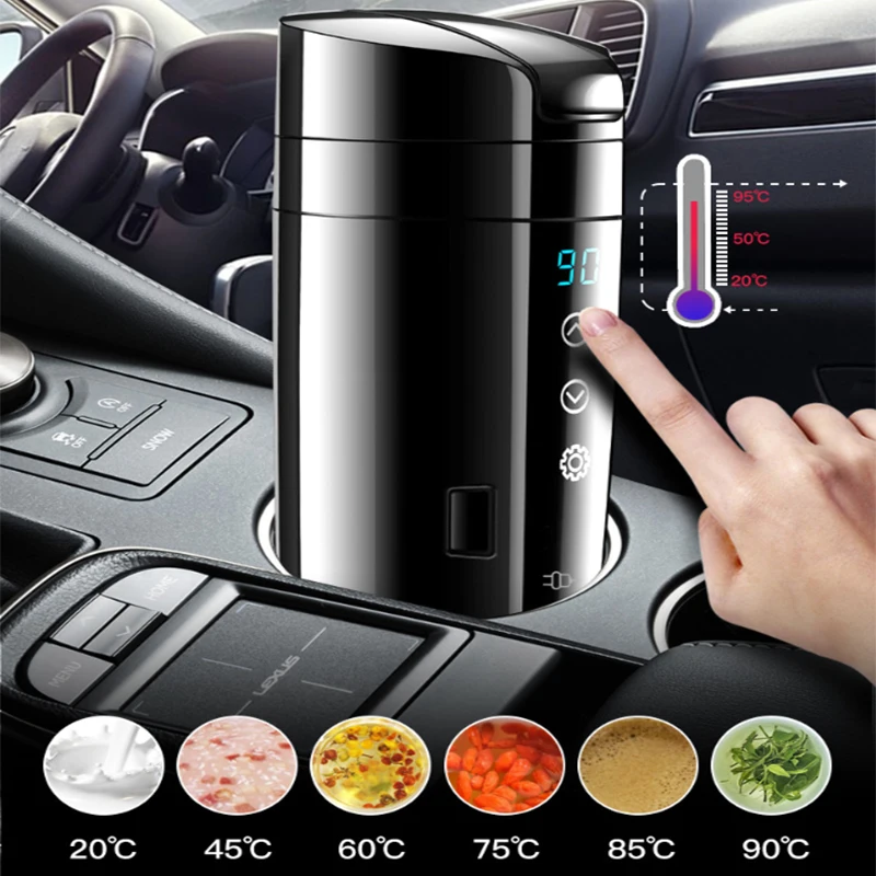 

Car Cup Heater 400ML 12V Heating Cup 304 Stainless Steel Travel Coffee Tea Heated Cup Mug Real-time Temperature Kettle Bottle