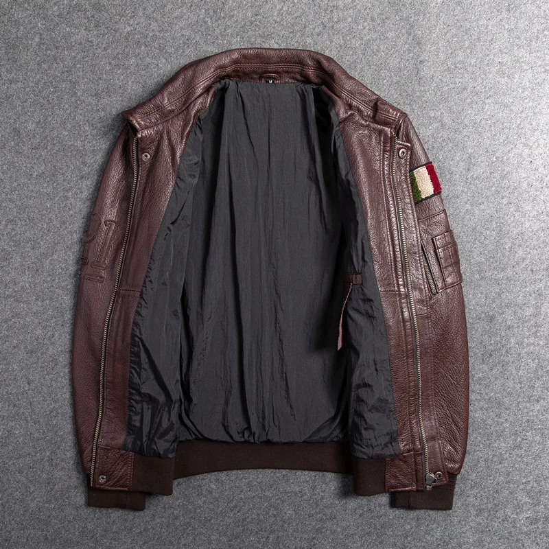 

2020 Men's Genuine Leather Jacket Tiger Embroidery A2 Pilot Jackets Brown Cowhide Motorcycle Leather Coat for Male