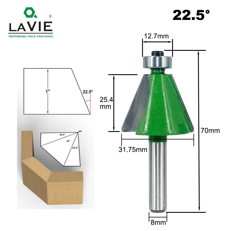 LAVIE MC02111 1 комплект 8 мм хвостовик Фаска фрезы 11,25 15 22,5 30 45 градусов фрезы для древесины вудокинг станки