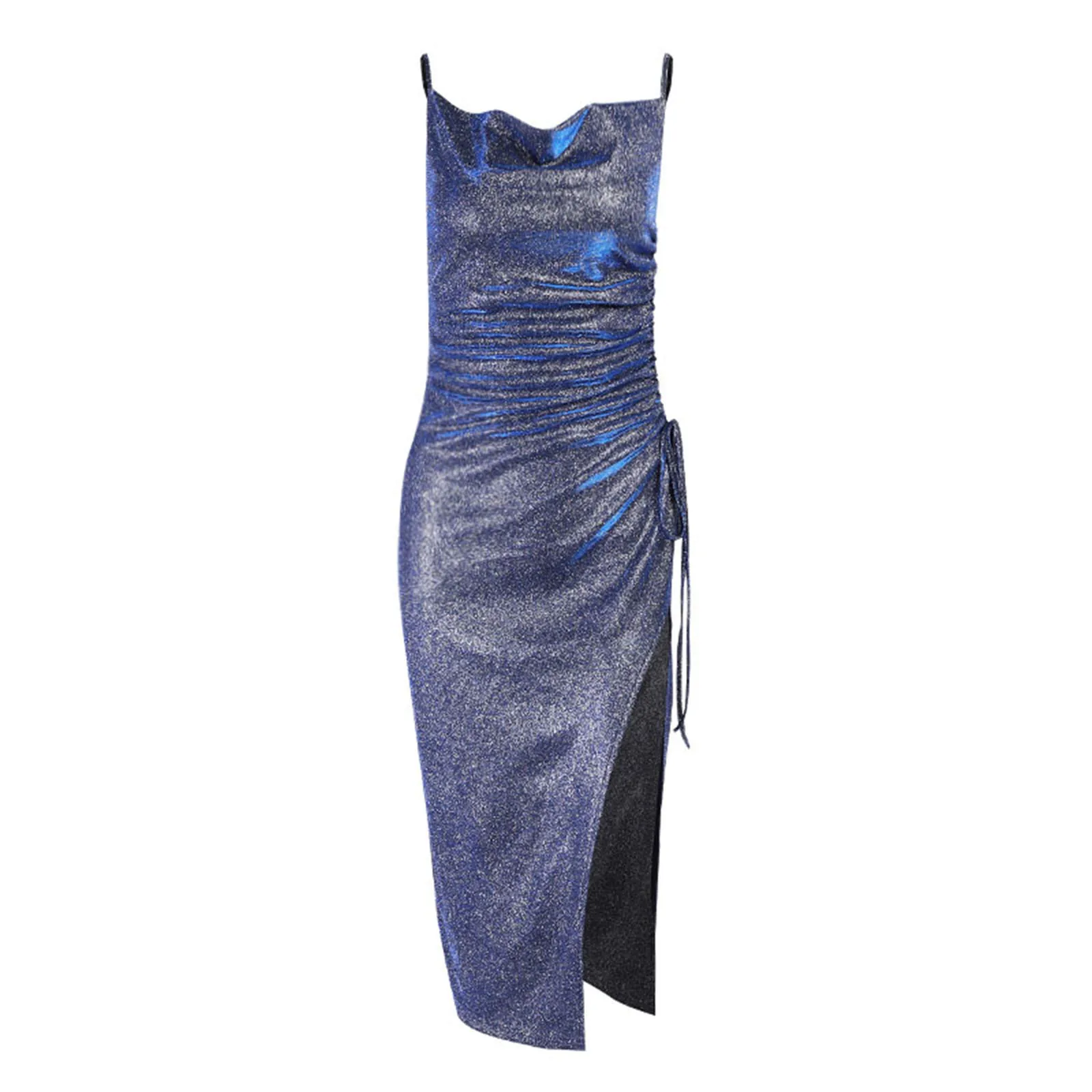 

Womens Sexy Suspender Mid-length Dress Fashion Glitter Solid Color Drawstring Tight Split Dress