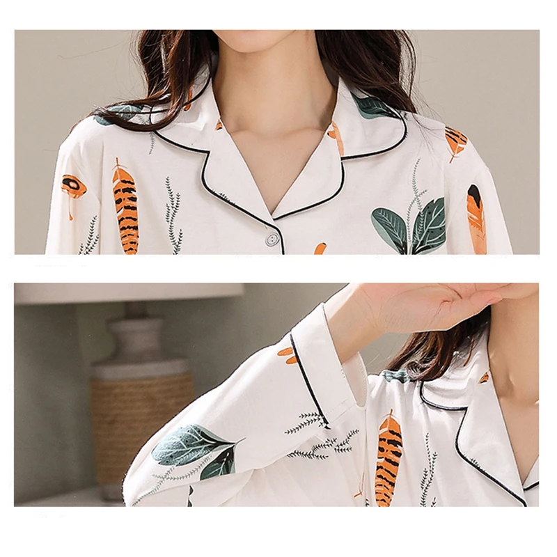 

Caiyier Pajamas For Women Winter Cartoon Print Cotton Nightwear Long Sleeve Lapel Cardigan Top + Trousers Sleepwear Big Size 3XL