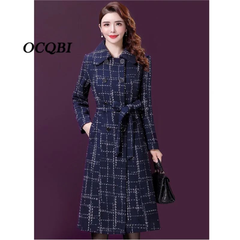 Женское длинное зимнее шерстяное пальто в шотландскую клетку элегантное модное