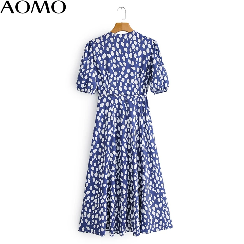 

AOMO fashion sexy dress women dots print chiffon dress 2020 summer new short Sleeve Ladies OL midi Dress Vestidos 1F162A