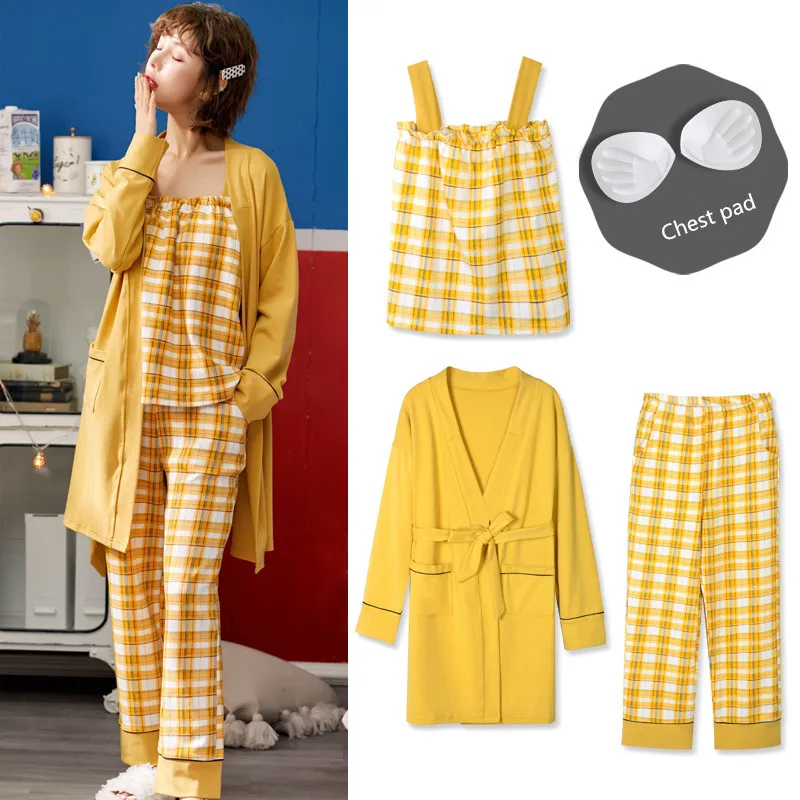 

Pajamas for Women Autumn Pure Cotton Long-sleeved 3 Piece Suit Cute Sexy Home Wear Check Stripe Nightgown with Chest Pad Sling