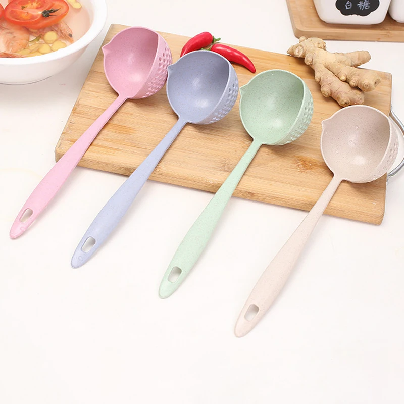 

1Pcs 2 in 1 Filter Hook Design Multi-function Soup Spoon Long Handle Wheat Straw/PP Porridge Spoons Kitchen Tools