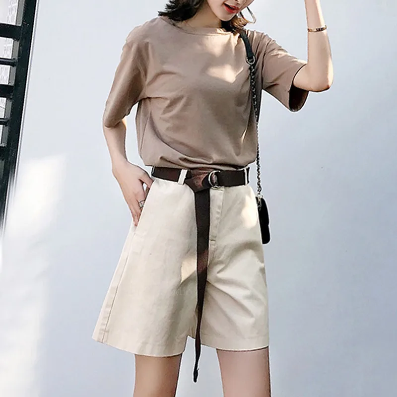 With Belt Summer Cuff Cargo Shorts Solid High Waist Plain Lounge Shorts Wide Leg Soft Knee Length Bermuda Short Women Activewear