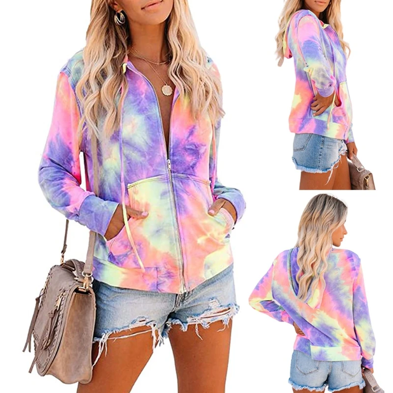 

Women Autumn Long Sleeve Hooded Coat Neon Colorful Tie-Dye Print Full Zip Up Sweatshirt Casual Loose Drawstring Jacket with Poc