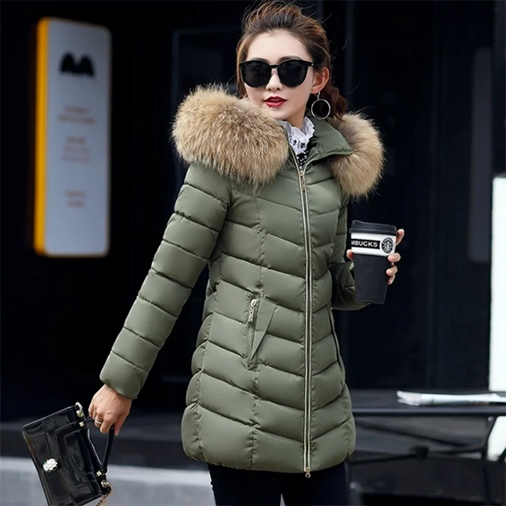 ZOGAA Winter New Women's Cotton Coat Long Section Slim Cotton Jacket Large Fur Collar Down Cotton Coat
