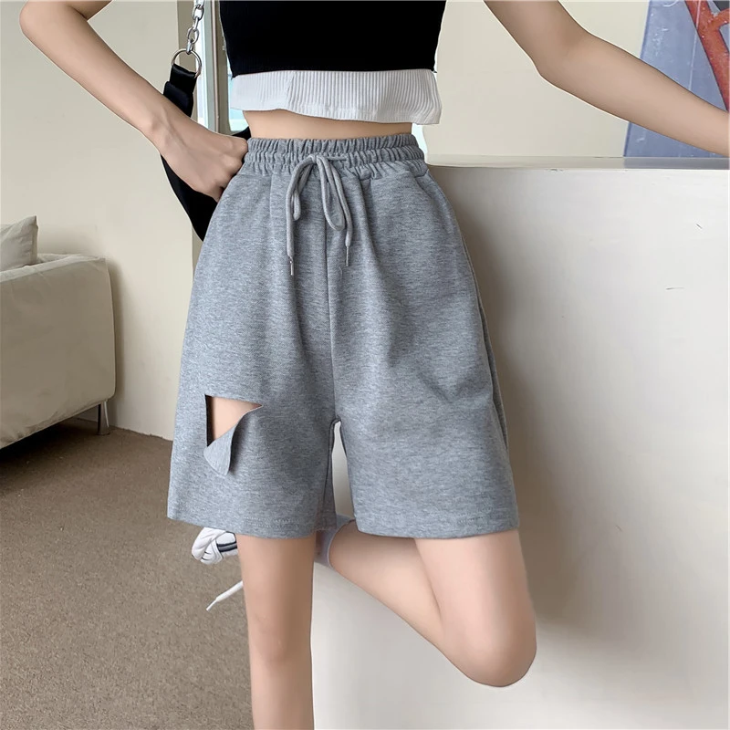 

Спортивные женские шорты с дырками, летние однотонные свободные индивидуальные шорты с кулиской, Szorty с эластичным поясом, женская одежда ...