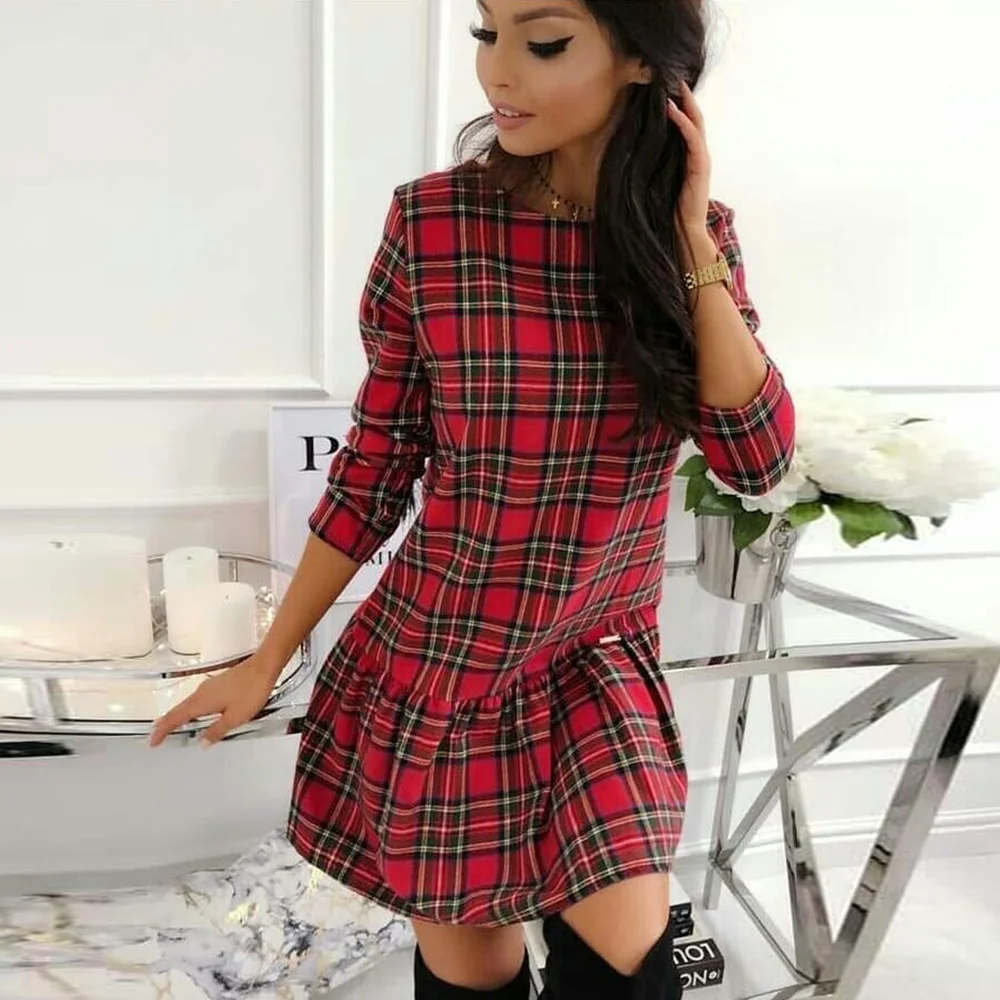 

2021Sale Women Dress London Style Elegant Ladies Dresses Spring Summer Red Navy Plaid O Neck Long Sleeve Dress Party Mini Dress