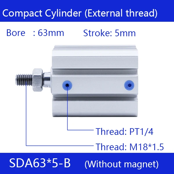 

SDA63*5-B 63mm Bore 5mm Stroke External thread Compact Air Cylinders Dual Action Air Pneumatic Cylinder