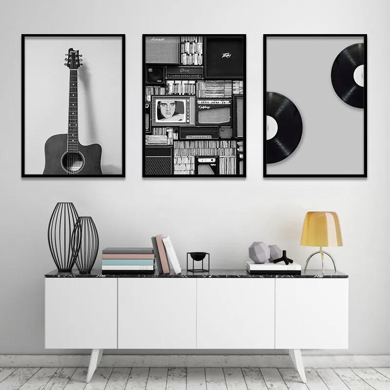 

Minimalist Vintage Music Prop Nordic Canvas Painting Home Decor Wall Art Black White Guitar CD Music Room Living Room Picture