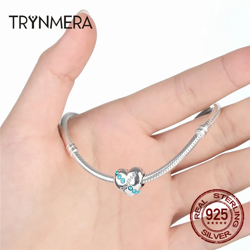 

Trynmera New Blue Crystals 925 Sterling Silver Daughter Heart Charms Fit Bracelet Jewelry for Women Making Family Gift TA042