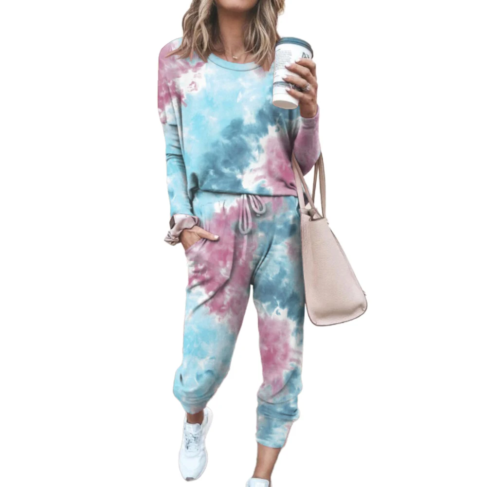 

2Pcs Women Tie Dye Jogger Suit Long Sleeve Round Neck Pants Sleepwear Loungewear