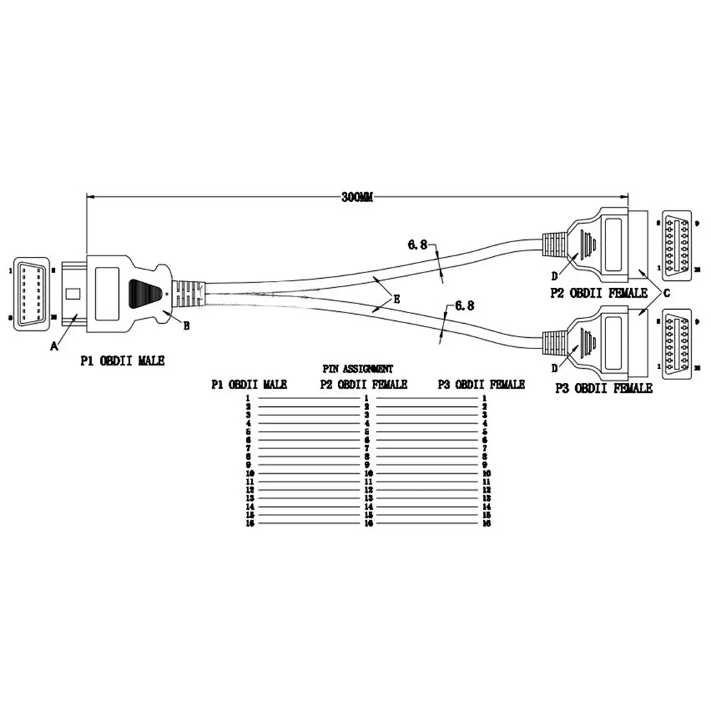 

30cm 16Pin Connector Cable Male To Dual Female Y Cable Splitter Extension Cable Car Diagnosis Cable