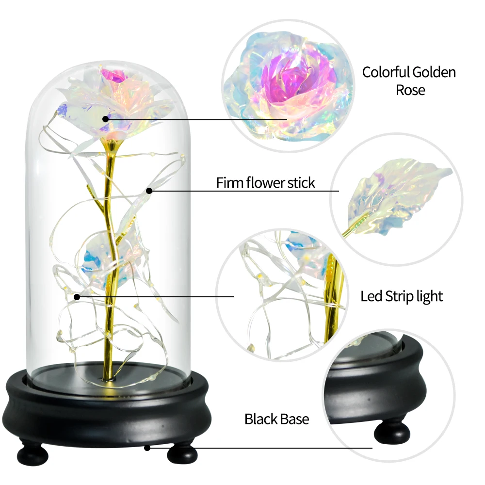 Вечная роза из золотой фольги в стеклянном куполе со светодиодной подсветкой