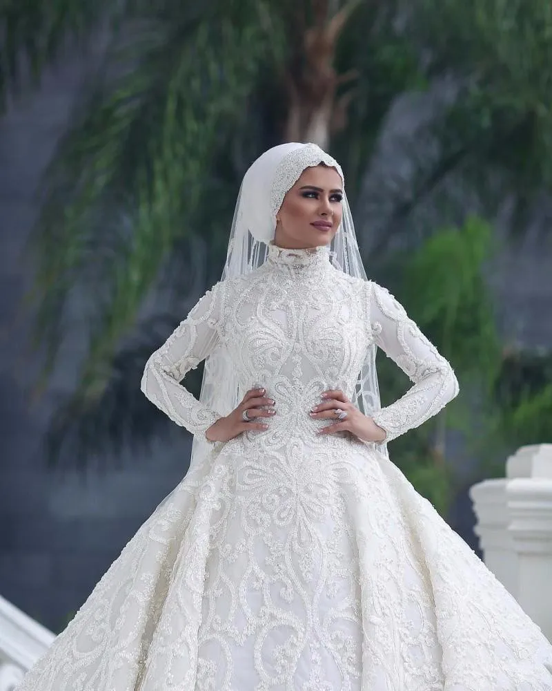 2020 Vintage Muslim Wedding Dress Luxury Full Lace Long Sleeves High Collar Hijab Vestido de noiva Customized Bridal Gowns | Свадьбы и