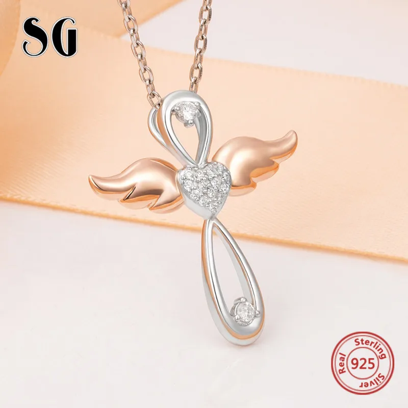 Серебро 925 пробы, крест с ангелами, подвеска, цепочка, ожерелье с CZ& розовое золото, крыло, сделай сам, модное ювелирное изделие для женщин, подарки